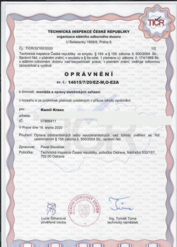 Oprávnění k montážím a opravám elektrických zařízení